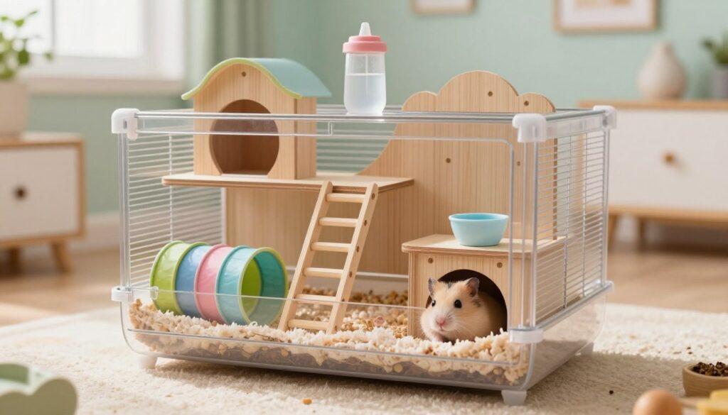 A beautifully arranged Tiny Tales hamster cage, showcased in a bright, inviting room. In the foreground, a cozy enclosure filled with colorful tunnels, wooden chew toys, and soft bedding. A content hamster peeks out from its burrow, adding life to the cage. In the middle, the cage features playful levels connected by ladders, with a water bottle and a small food dish. The background reveals a softly blurred room painted in pastel colors, with natural light streaming in through a nearby window, creating a warm ambiance. The focus should be on the intricate details of the cage’s design, evoking a sense of comfort and playfulness for the hamster, capturing the essence of assessing a pet’s specific needs in a delightful way.