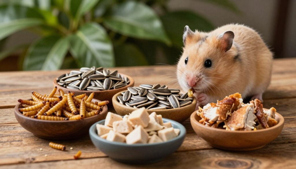 A beautifully arranged presentation of an optimal hamster diet on a rustic wooden table. In the foreground, a variety of protein-rich food items, including dried mealworms, sunflower seeds, and small pieces of cooked chicken, neatly displayed in colorful, natural bowls. The middle ground features a playful, curious hamster examining the food, with its fur glowing softly under warm, natural lighting. In the background, a lush, green plant adds a touch of nature, enhancing the overall freshness of the scene. The composition should be captured from a slightly elevated angle to emphasize the hamster’s interaction with the food, creating a warm, inviting atmosphere that showcases the importance of a balanced, protein-rich diet for hamsters.