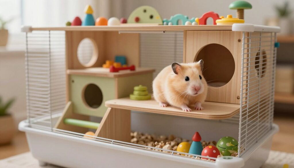 A beautifully designed Niteangel hamster cage, showcasing its spacious multi-level structure filled with vibrant decorations like colorful chew toys, tunnels, and natural wood hiding spots. In the foreground, a curious golden hamster explores the upper level of the cage, its soft fur gleaming in the warm light. The middle ground includes the intricately layered sections of the cage, highlighting the quality materials and ventilation features. The background features a soft, blurred home environment with gentle daylight filtering through a window, creating an inviting and cheerful atmosphere. The overall mood is playful and wholesome, emphasizing a nurturing space for hamsters. The image should be captured from a slightly elevated angle, using soft focus to draw attention to the hamster and the cage design.