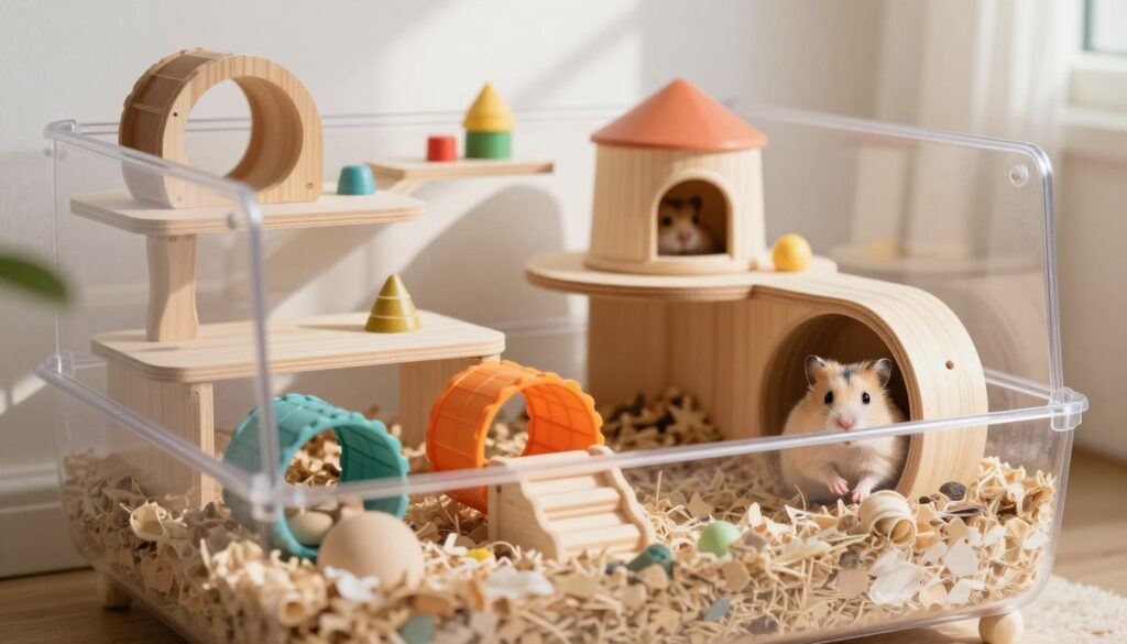 A cozy and meticulously arranged dwarf hamster cage, showcasing multiple levels and various accessories for an engaging habitat. In the foreground, a clear, spacious cage with wooden platforms, colorful tunnels, and a soft layer of bedding. In the middle, adorable dwarf hamsters can be seen exploring, with one using a small wheel and another nestled in a corner, peeking out. In the background, a bright, sunlit room with soft shadows, emphasizing the vibrancy of the cage and its contents. Soft, natural lighting enhances the warm and inviting atmosphere, captured at a slight angle to highlight the intricate details of the cage design and its playful inhabitants.