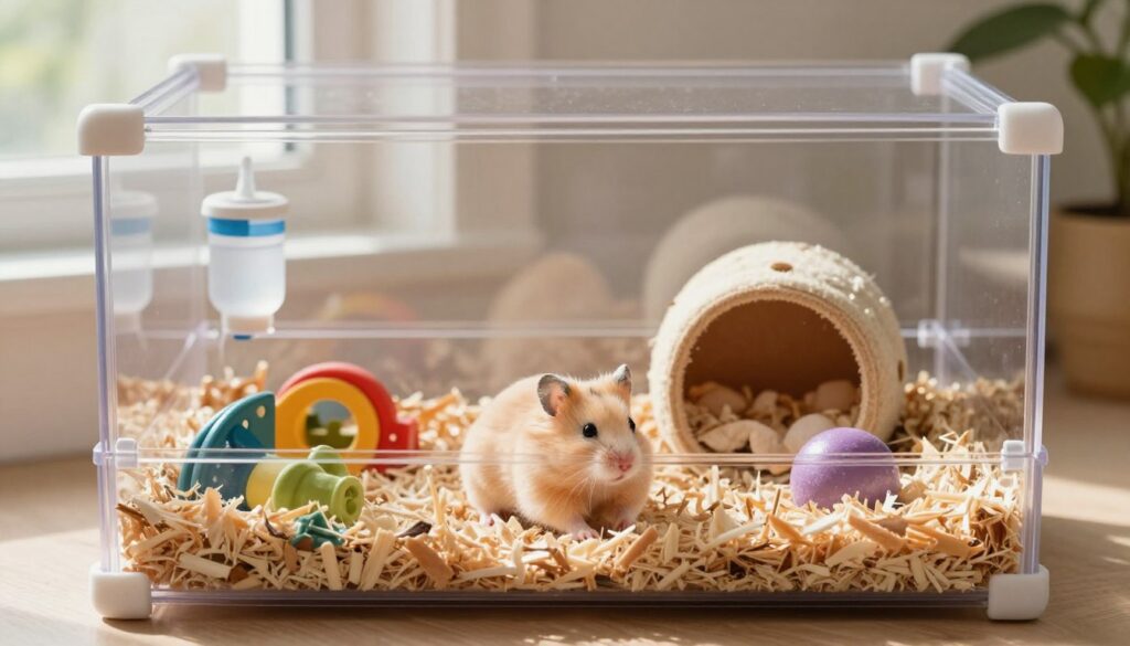 A cozy hamster habitat cage designed for optimum ventilation and temperature control, featuring a clear acrylic enclosure with multiple airflow vents. In the foreground, a playful hamster is exploring an intricately arranged bedding of aspen shavings, colorful chew toys, and tunnels. The middle ground includes a water bottle secured to the cage and a small, ventilated nesting area filled with soft bedding. The background showcases a soft, natural light filtering through a nearby window, casting gentle shadows and enhancing the vibrant colors of the habitat. The overall mood is warm and inviting, suggesting a safe and stimulating environment for the hamster, ideal for maintaining its happiness and well-being.