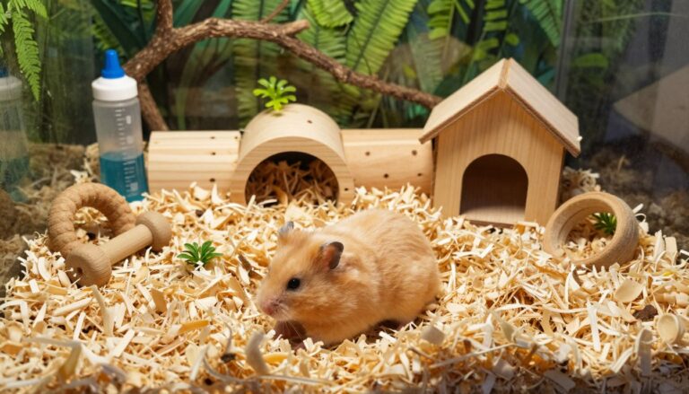 A cozy hamster habitat cage richly decorated with soft, natural bedding ideal for burrowing. In the foreground, a fluffy golden hamster is nestled comfortably within deep layers of aspen shavings, showcasing its natural behavior. The middle section features wooden tunnels and small houses for shelter, surrounded by chew toys and a water bottle, all crafted from safe materials. The background reveals a vibrant, lush greenery, simulating a natural environment with climbing branches and small plants peeking through the bedding. The scene is illuminated by soft, warm lighting to create an inviting atmosphere, captured from a slight overhead angle to emphasize the depth of the bedding and the activities of the hamster.