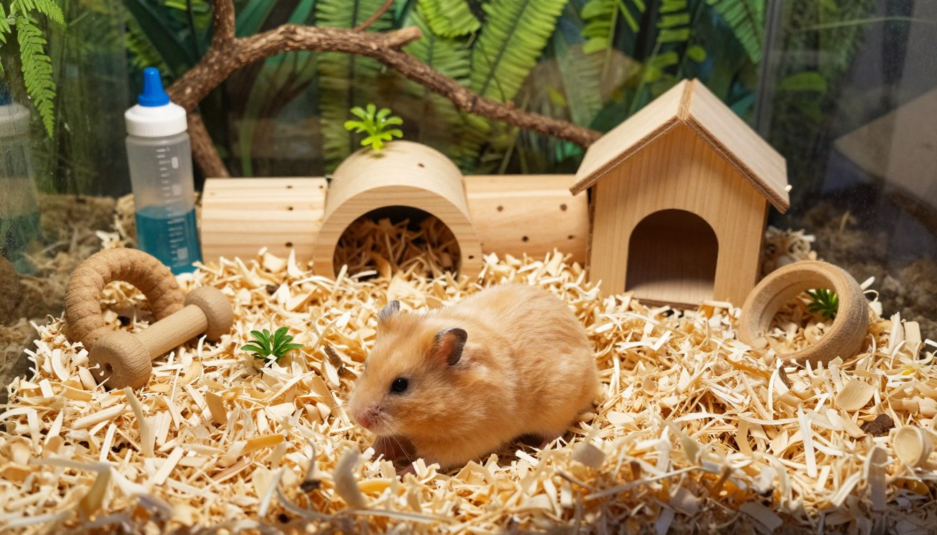 A cozy hamster habitat cage richly decorated with soft, natural bedding ideal for burrowing. In the foreground, a fluffy golden hamster is nestled comfortably within deep layers of aspen shavings, showcasing its natural behavior. The middle section features wooden tunnels and small houses for shelter, surrounded by chew toys and a water bottle, all crafted from safe materials. The background reveals a vibrant, lush greenery, simulating a natural environment with climbing branches and small plants peeking through the bedding. The scene is illuminated by soft, warm lighting to create an inviting atmosphere, captured from a slight overhead angle to emphasize the depth of the bedding and the activities of the hamster.