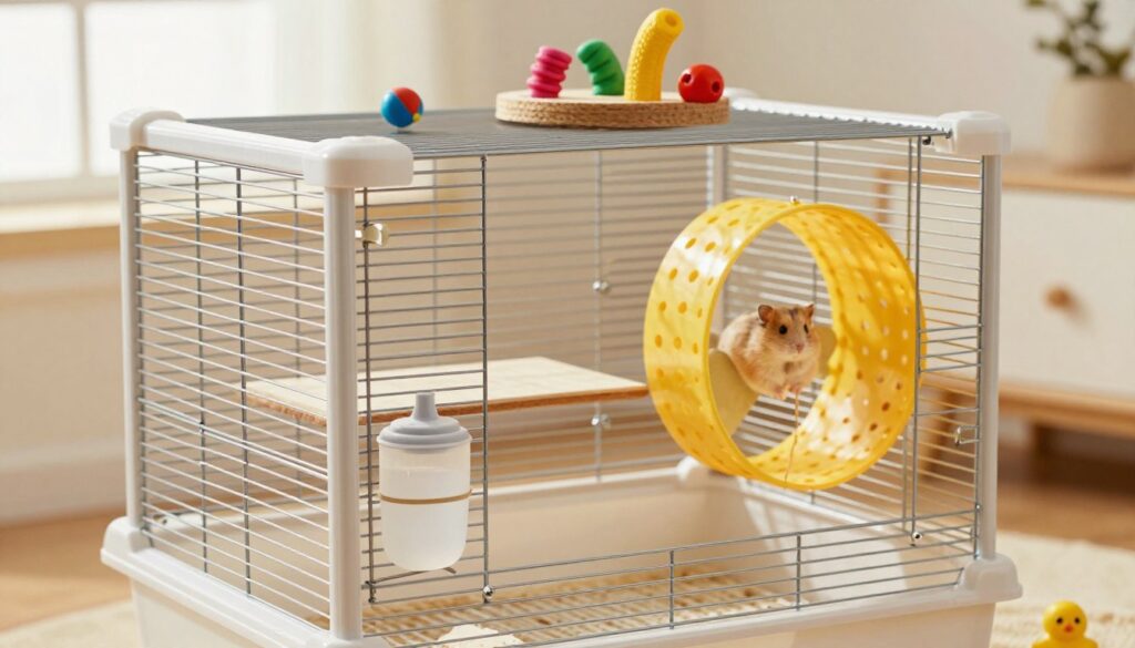 A durable and stylish Tiny Tales hamster cage, designed for optimal comfort and safety. In the foreground, focus on the detailed features of the cage: sturdy metal bars, spacious multi-level platforms, a secure water bottle, and a vibrant exercise wheel. The middle ground showcases playful decorations like colorful chew toys and a soft bedding area for the hamster. The background features a bright, inviting room with soft natural light streaming in through a nearby window, creating a warm atmosphere. Use a slightly angled perspective to highlight the cage’s ventilation and build quality. The overall mood should be cheerful and reassuring, reflecting a safe environment for small pets.