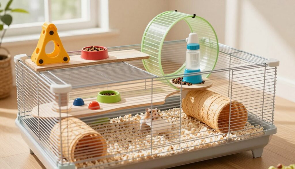 A spacious Syrian hamster cage filled with various features for enrichment and comfort. The foreground showcases a well-structured habitat with multiple levels, soft bedding, a running wheel, and tunnels. In the middle, vibrant toys, a food dish, and a water bottle are properly placed, demonstrating a thriving environment for the hamster. The background includes an open area with natural light streaming in through a nearby window, casting soft shadows that create a warm and inviting atmosphere. The image should be taken from a slightly elevated angle to capture the overall layout and design. Aim for bright, cheerful colors to convey a sense of liveliness and well-being in the cage setup.