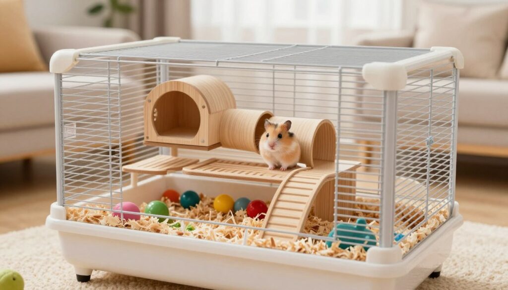 A spacious and well-designed dwarf hamster cage, prominently displayed in the foreground, showcasing various essential features such as multiple levels, ramps, and tunnels for climbing and exploration. In the middle ground, vibrant bedding materials like aspen shavings and colorful chew toys create a stimulating environment for the hamster. The background features a soft, blurred living room setting with natural light streaming through a window, giving a warm and inviting feel. The image is captured from a slightly elevated angle, allowing for a clear view of the cage's interior. The overall mood is playful and cozy, emphasizing a safe and fun habitat for a dwarf hamster.