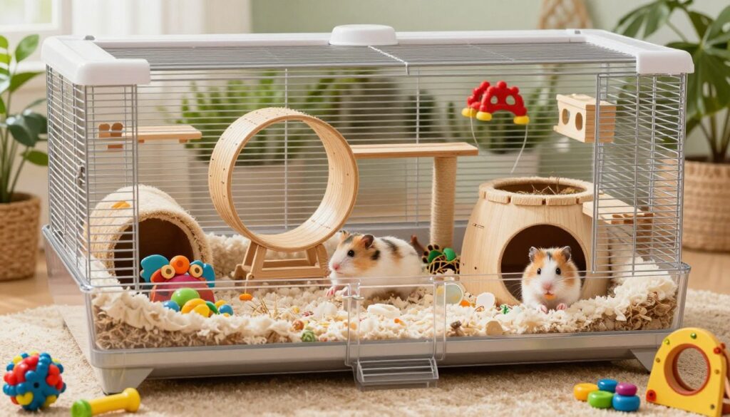 A spacious, well-designed large hamster cage filled with various levels and habitats, showcasing a cozy nest area with soft bedding, a running wheel, tunnels, and climbing structures. In the foreground, vibrant chew toys and colorful accessories are scattered to enhance the playfulness of the scene. The middle area features two happy hamsters exploring their environment, one running energetically on the wheel and the other curiously peeking out from a tunnel. In the background, the cage is surrounded by greenery, with a soft natural light filtering in, creating a warm and inviting atmosphere. The perspective is slightly elevated, capturing the full layout of the cage, emphasizing its spacious design and enriching features for hamsters.