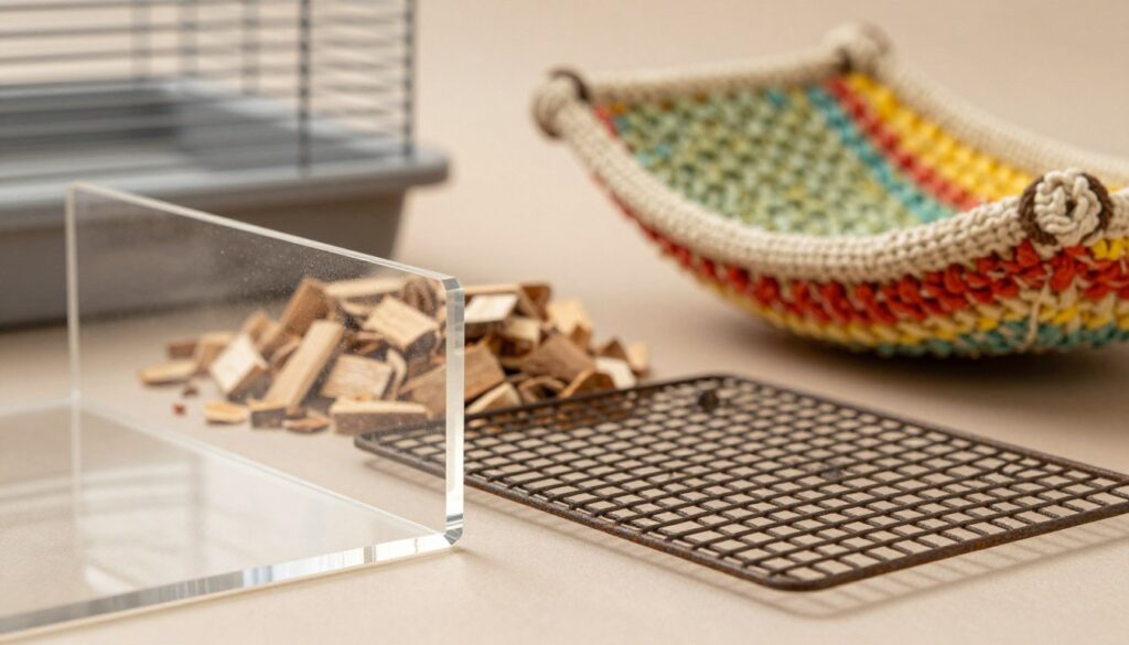 A variety of durable hamster cage materials displayed artistically on a soft, neutral background. In the foreground, showcase a clear acrylic panel with a smooth finish, reflecting light beautifully, alongside resilient metal mesh featuring a rust-resistant coating. In the middle ground, include textured wood chips for a natural feel, and a colorful woven hammock made from robust cotton, illustrating comfort and durability together. The background should be softly blurred to emphasize the materials, with gentle, warm lighting that highlights their textures and colors. The atmosphere conveys a sense of safety and quality, perfect for pet owners seeking reliable cage options. Aim for a close-up perspective that draws attention to the durability and practicality of each material.