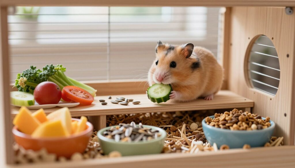 A vibrant and detailed scene showcasing a balanced Syrian hamster diet. In the foreground, a cozy wooden hamster cage is filled with natural bedding and small, colorful bowls containing fresh fruits, vegetables, and high-quality hamster pellets. The middle layer features a cheerful Syrian hamster nibbling on a slice of cucumber, with sunflower seeds scattered nearby. In the background, a well-lit room with soft, natural lighting filters through a window, enhancing the warm atmosphere. Selective focus on the hamster creates depth, while the overall scene conveys a sense of health and vitality, embodying the concept of wholesome nutrition for optimal hamster health.