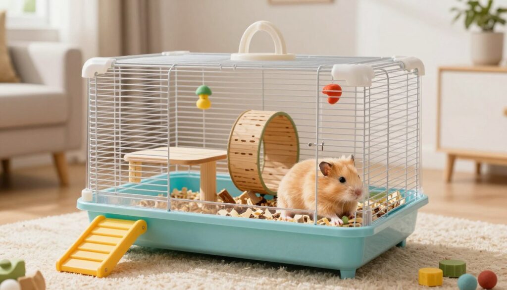 A vibrant and spacious top-rated hamster cage designed specifically for Syrian hamsters, showcased in a well-lit room with a warm, inviting atmosphere. In the foreground, the cage features multiple levels connected by colorful ramps, with bedding material and various toys including a wheel, tunnels, and chew blocks. The middle ground includes the hamster, a fluffy Syrian with golden fur, actively exploring its environment. The background showcases a clean, cozy living space with soft natural light streaming through a window, casting gentle shadows and highlighting the cage's details. The image captures a sense of joy and playfulness, inviting hamster owners to envision the happiness of their pets in such a delightful habitat.