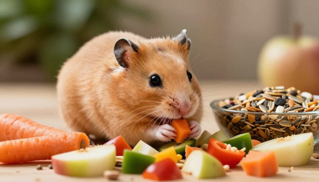 A vibrant close-up of a Syrian hamster feasting on a colorful assortment of nutritious foods, set against a softly blurred natural backdrop. The foreground features the hamster delicately nibbling on small pieces of fresh fruits and vegetables like carrots, bell peppers, and apples, showcasing the variety in its diet. In the middle ground, a small dish filled with seeds and pellets is visible, highlighting the essential components of a hamster’s nutrition. The background features a subtle hint of natural greenery, enhancing the wholesome feel of the scene. The lighting is warm and inviting, reminiscent of a cozy home environment, with a soft focus that captures the innocence and curiosity of the hamster. The mood is cheerful and educational, emphasizing healthy eating for pet hamsters.
