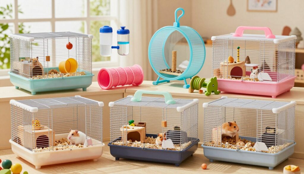 A vibrant scene featuring various hamster cage designs suitable for pet owners, showcasing the importance of accessories and enrichment. In the foreground, illustrated hamster cages with multi-level structures, tunnels, and cozy hiding spots filled with bedding. The middle ground includes essential accessories like water bottles, exercise wheels, and toys such as tunnels and climbing structures. The background features a soft-focus view of a warm, inviting room with natural light pouring in from a window, illuminating the cages and creating a cheerful atmosphere. The image captures a sense of playfulness and care, emphasizing a loving environment for hamsters. The overall mood is friendly and informative, ideal for educating pet owners about optimal hamster habitats.