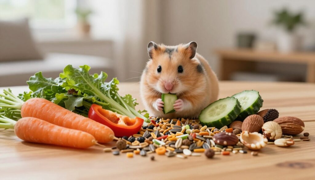 A visually appealing arrangement of a healthy hamster diet spread on a wooden table. In the foreground, a vibrant array of fresh vegetables like carrots, bell peppers, and leafy greens, along with a colorful mix of high-quality hamster pellets, seeds, and nuts. In the middle ground, a cute, fluffy hamster happily nibbling on a slice of cucumber, showcasing its healthy diet. The background features a softly blurred, cozy living room setting with warm, natural lighting filtering through a window, creating a welcoming atmosphere. The scene emphasizes the importance of a varied and nutritious diet while providing an inviting and clean aesthetic, highlighting essential elements for a healthy hamster diet.