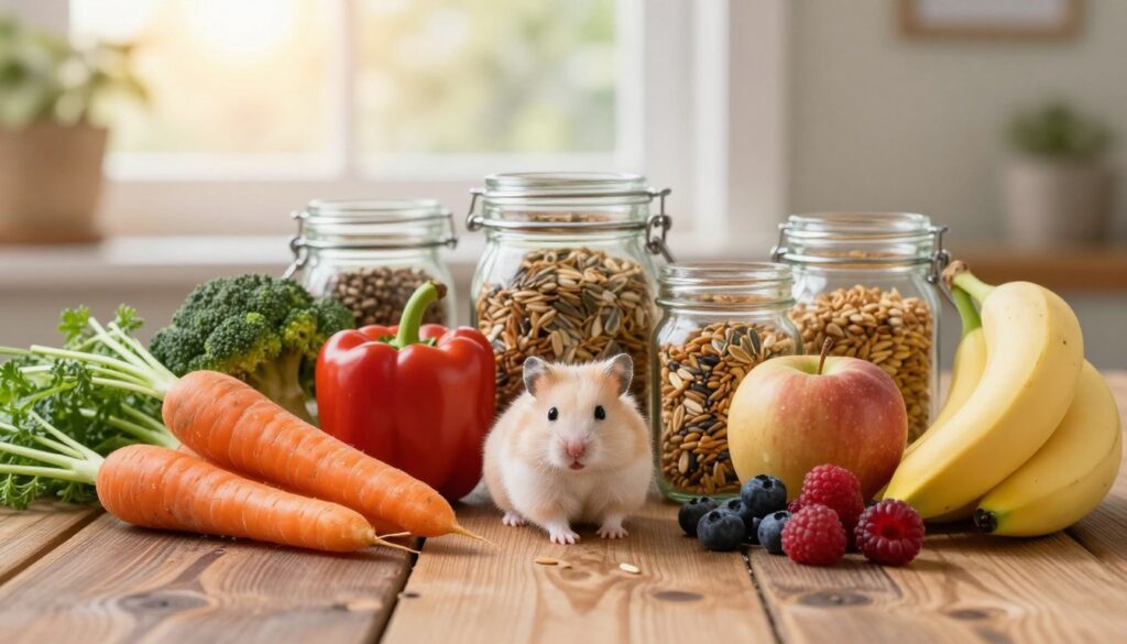 A visually appealing hamster food list, creatively arranged on a rustic wooden table. In the foreground, a variety of fresh vegetables like carrots, broccoli, and bell peppers are artfully grouped alongside juicy fruits such as apples, berries, and bananas. The middle ground features clear glass jars filled with nutritious seeds and pellets, creating a contrast with the vibrant colors of the fruits and veggies. In the background, soft, natural sunlight filters through a window, casting a warm glow that enhances the scene's inviting atmosphere. The image should have a shallow depth of field, focusing sharply on the food items while gently blurring the background to create a cozy feel. The overall mood is fresh, healthy, and inspiring for hamster owners seeking to enhance their pet's diet.