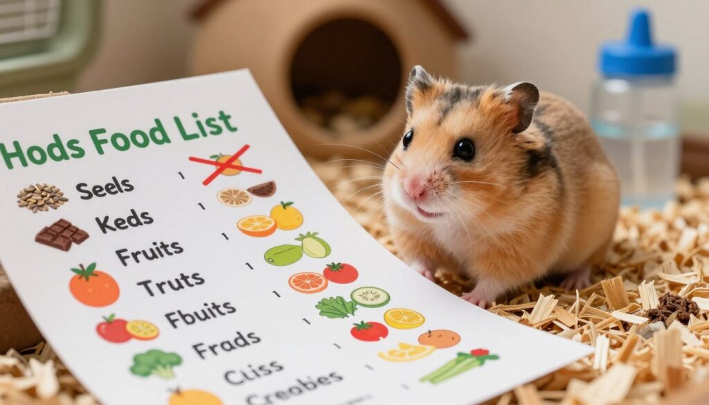 An informative and visually appealing illustration of a hamster food list, specifically highlighting foods to avoid for hamster health. In the foreground, a colorful, well-organized list of common hamster foods like seeds, fruits, and vegetables is displayed prominently, with a few crossed out items symbolizing those to avoid, such as chocolate, citrus fruits, and processed foods. The middle ground features a curious, fluffy hamster, examining the list with wide eyes, while in the background, a soft-focused, cozy hamster habitat showcases natural wood shavings and a small water bottle. The lighting is warm and inviting, creating a safe and nurturing atmosphere. The angle captures the hamster's perspective, inviting viewers to engage with the content, all without any text or distractions in the image.